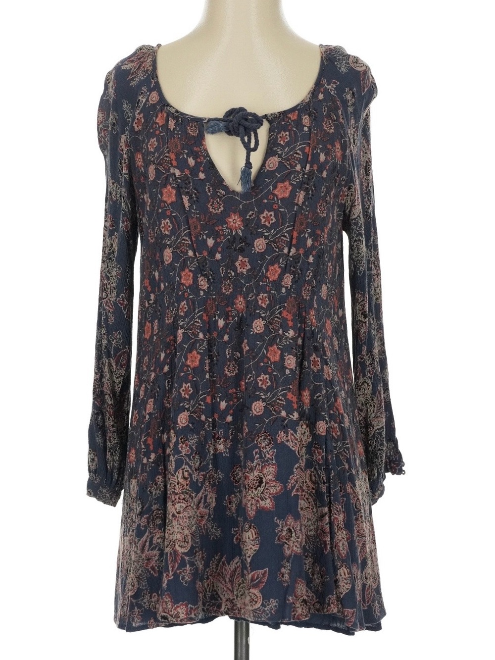 Free People Navy Long/Sleeved Dress with Tie Neck